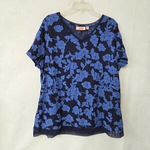 EVRI Women's Plus Size 1X Blue Floral Embroidered V Neck Tunic Top Mesh Hem New